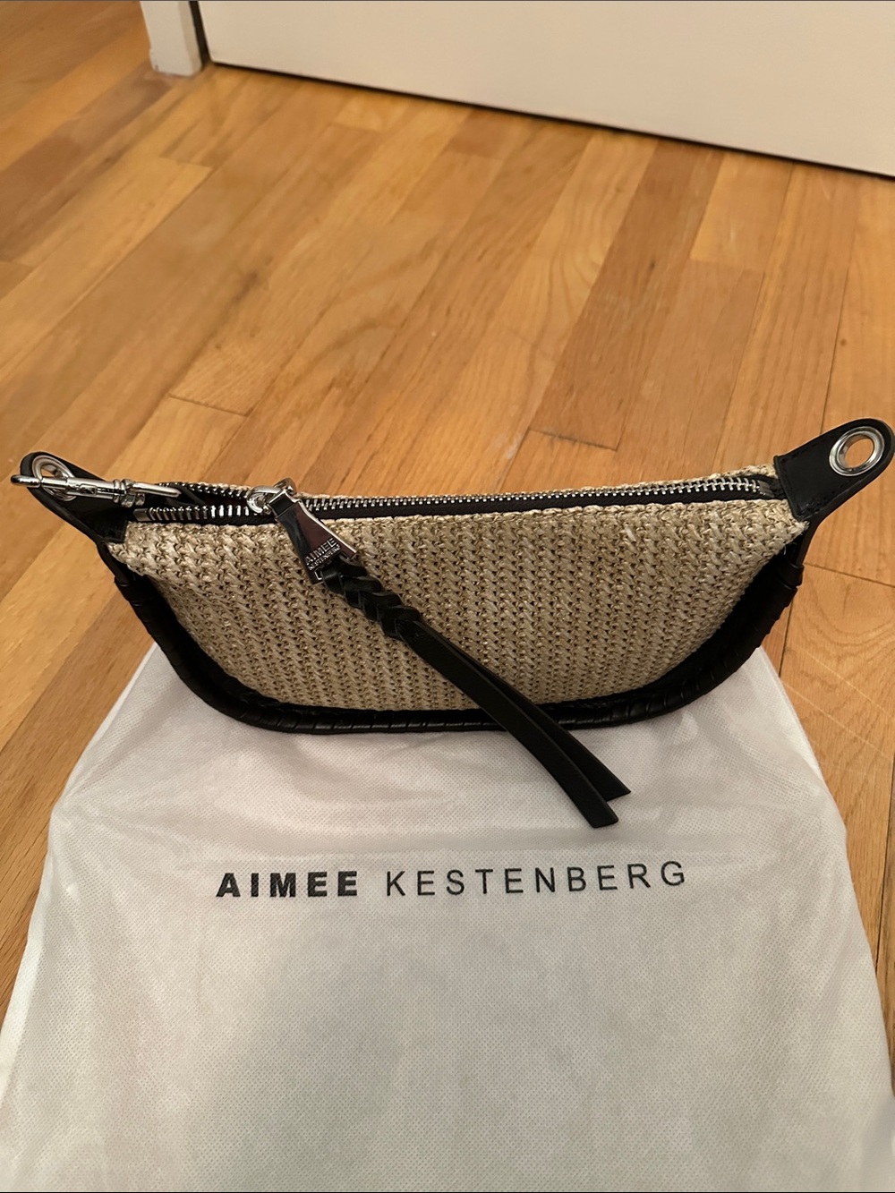 Aimee Kestenberg Beige Woven Clutch or Crossbody bag with Black leather Trim